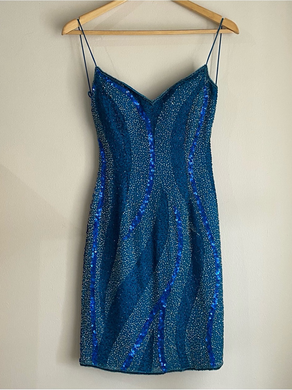 VTG Rare Scala Silk Dress 90s Y2K Beaded Blue Low Back Prom Bodycon Glam Formal